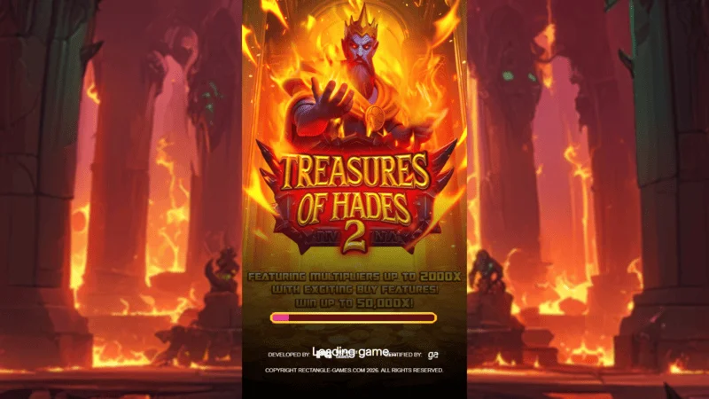 Treasures of Hades 2 – načítací obrazovka slotu Rectangle Games v mytologickém prostředí podsvětí